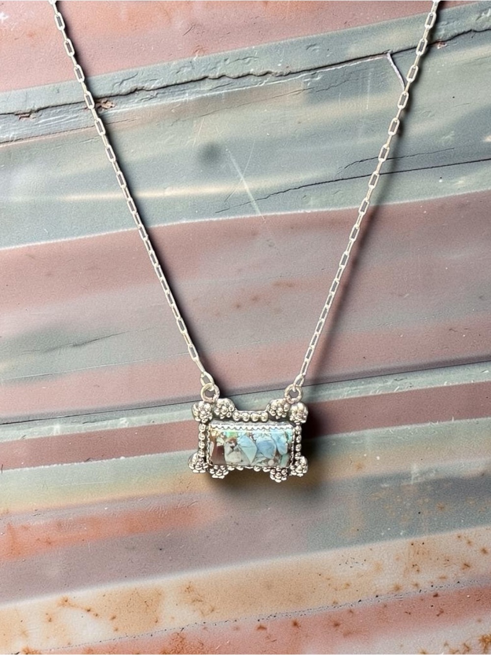 Genuine Golden Hills Solid Sterling Silver Rectangular Pendant Necklace